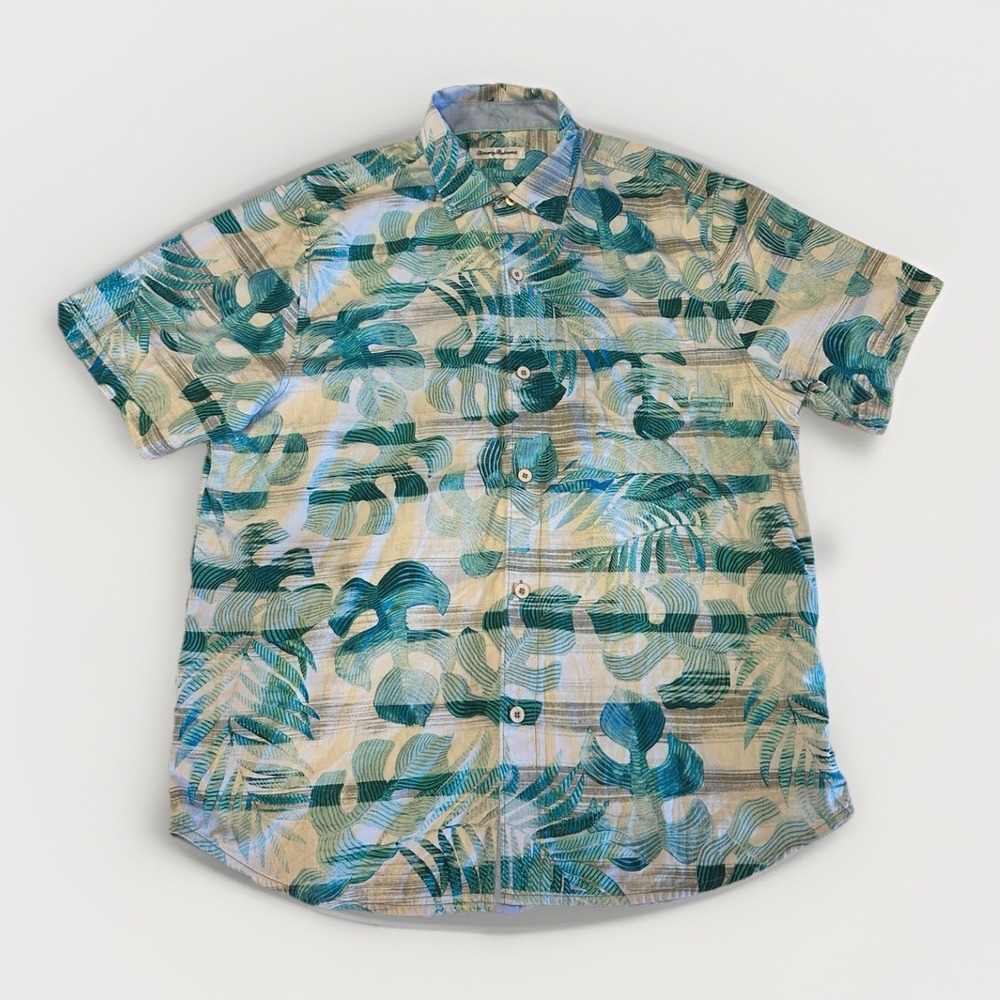 Tommy Bahama IslandZone Shirt Men XL Tropical‎ Palm Leaf Hawaiian Silk Coolmax